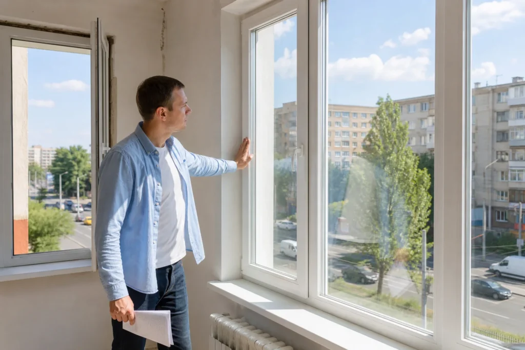 Покупець перевіряє вікна та освітлення квартири влітку