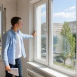 Покупець перевіряє вікна та освітлення квартири влітку